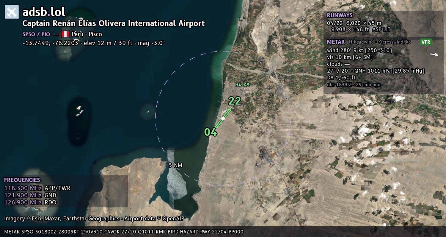 Satellite map with the runway layout of Captain Renán Elías Olivera International Airport (SPSO)