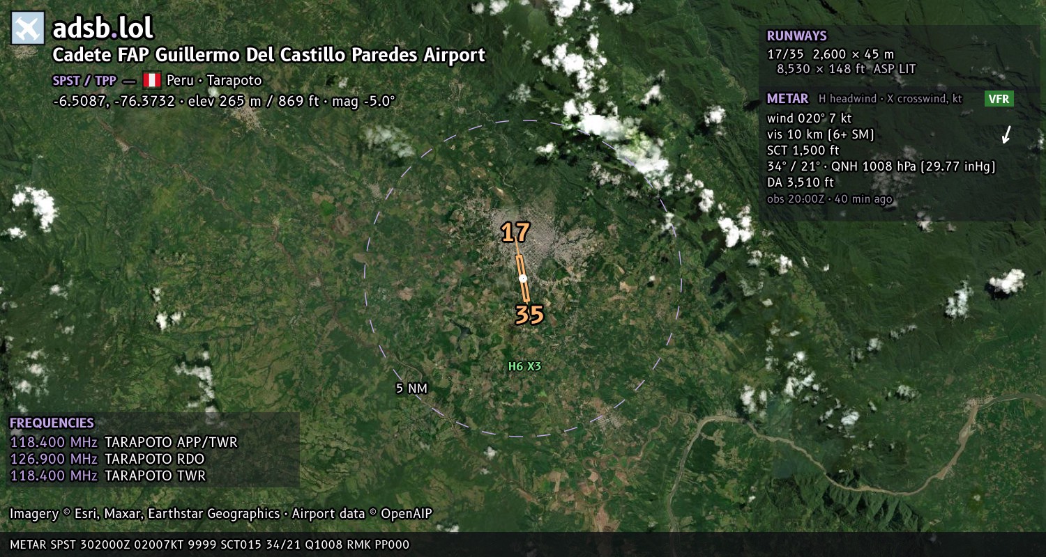 Satellite map with the runway layout of Cadete FAP Guillermo Del Castillo Paredes Airport (SPST)