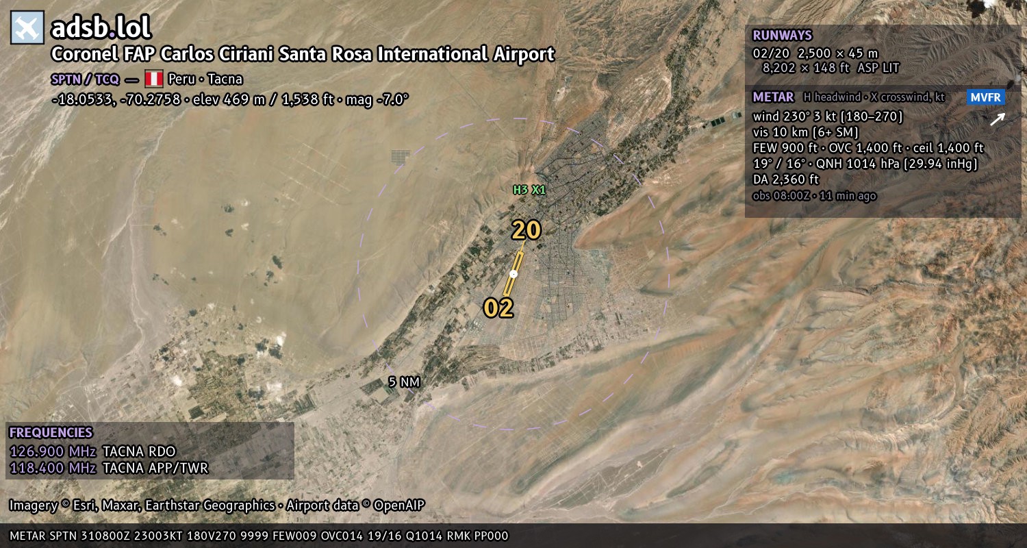 Satellite map with the runway layout of Coronel FAP Carlos Ciriani Santa Rosa International Airport (SPTN)