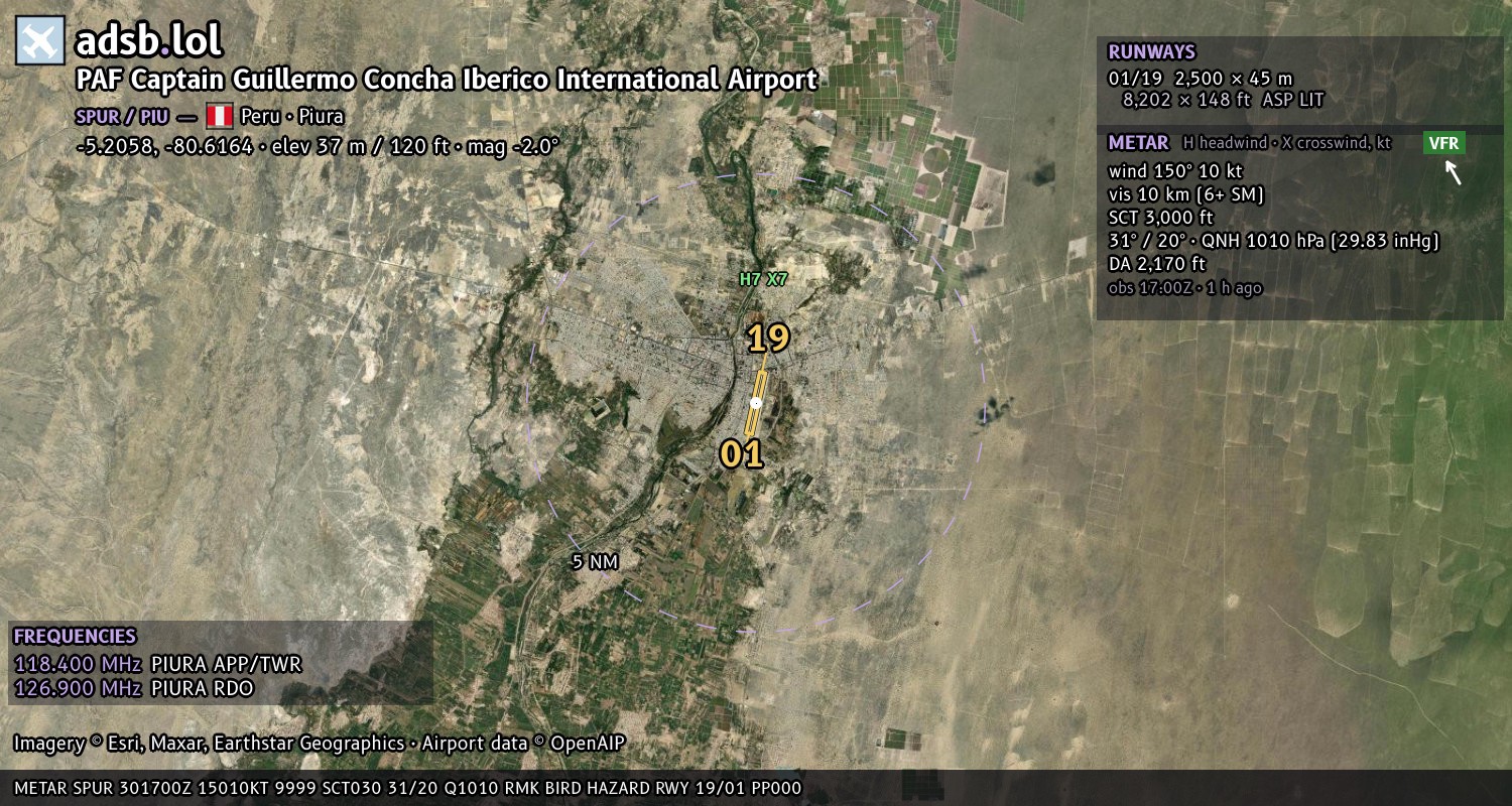 Satellite map with the runway layout of PAF Captain Guillermo Concha Iberico International Airport (SPUR)