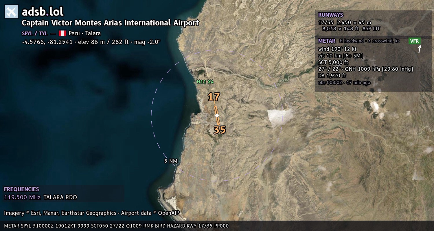 Satellite map with the runway layout of Captain Victor Montes Arias International Airport (SPYL)