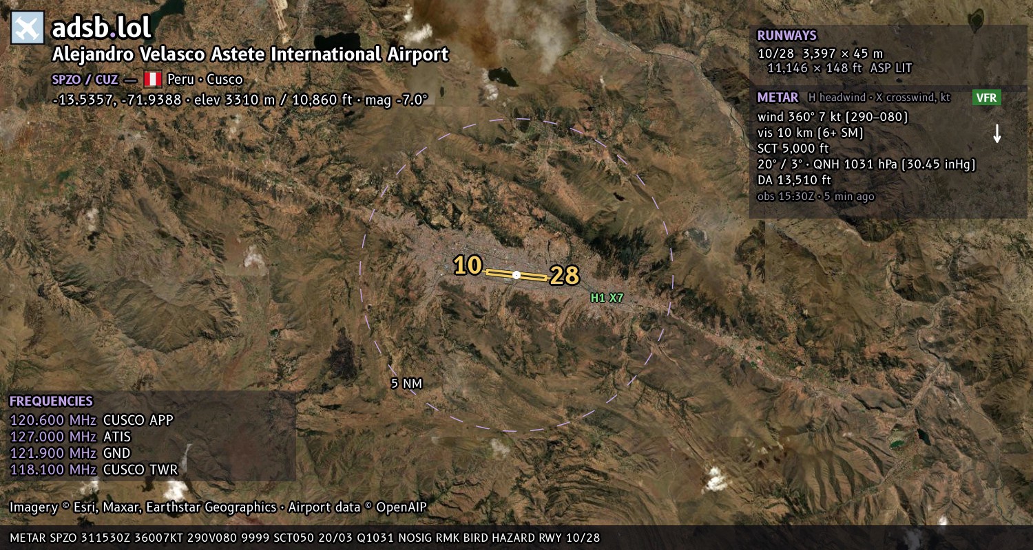 Satellite map with the runway layout of Alejandro Velasco Astete International Airport (SPZO)