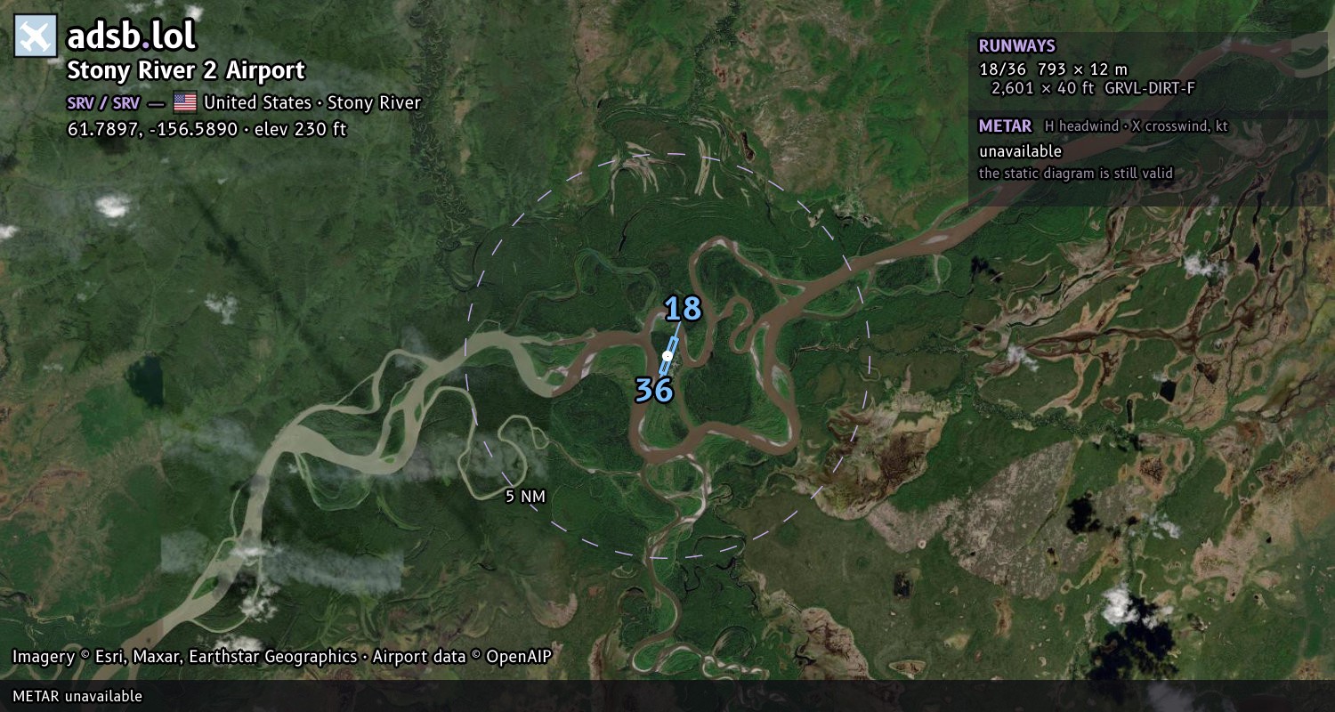 Satellite map with the runway layout of Stony River 2 Airport (SRV)