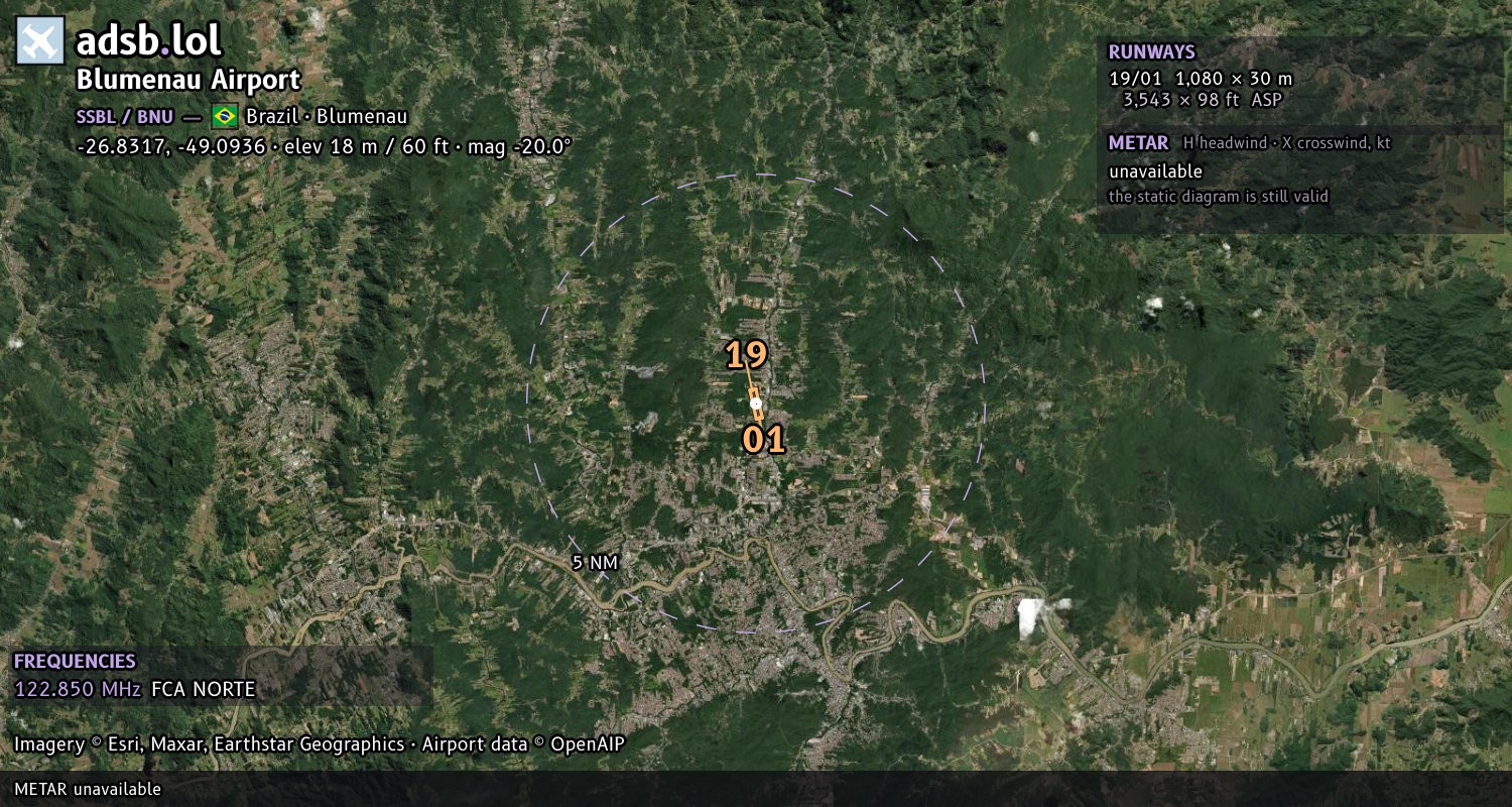 Satellite map with the runway layout of Blumenau Airport (SSBL)