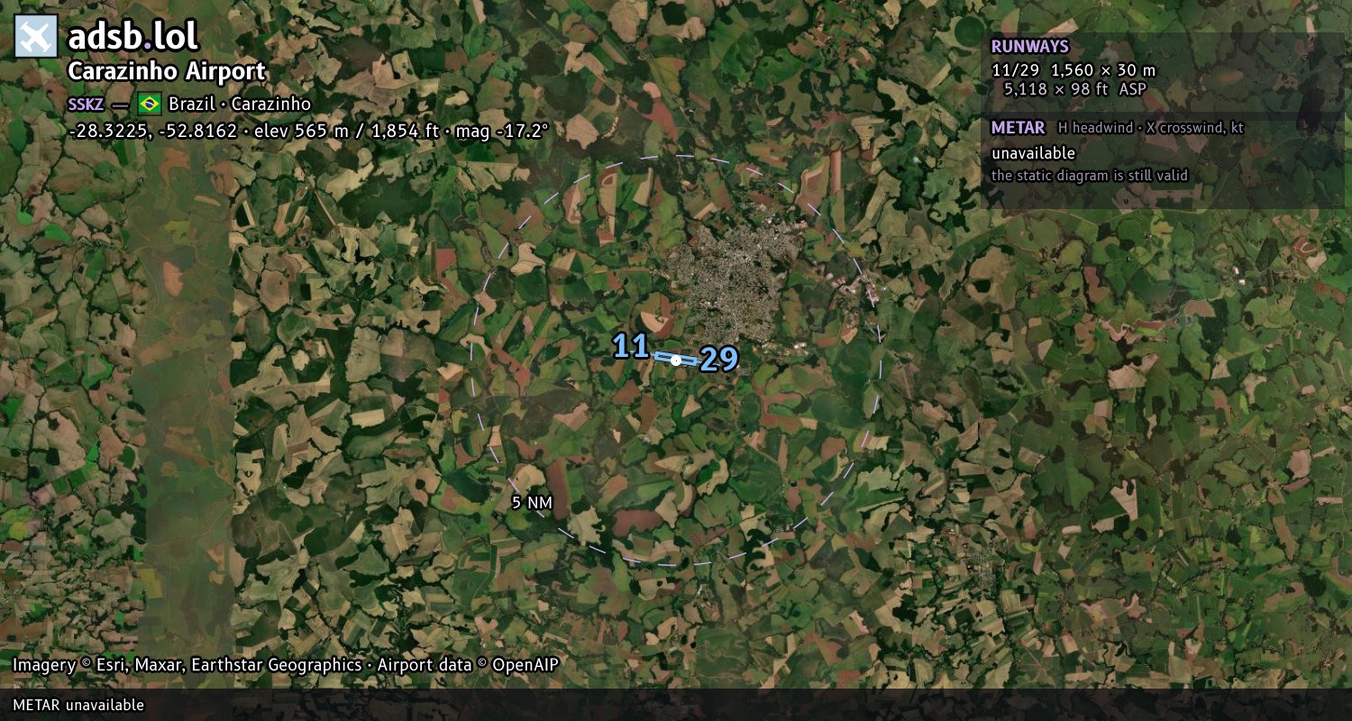 Satellite map with the runway layout of Carazinho Airport (SSKZ)