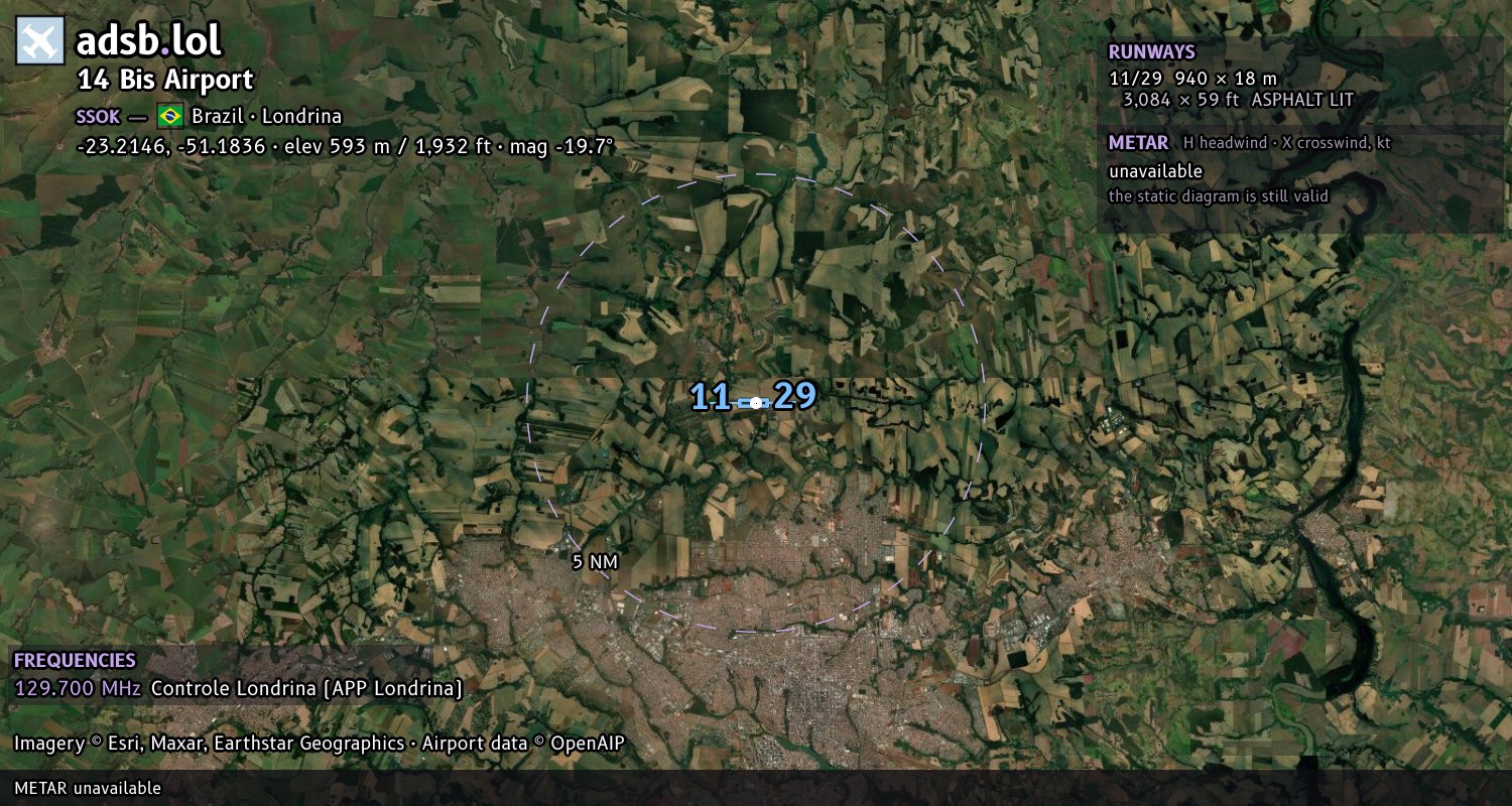 Satellite map with the runway layout of 14 Bis Airport (SSOK)