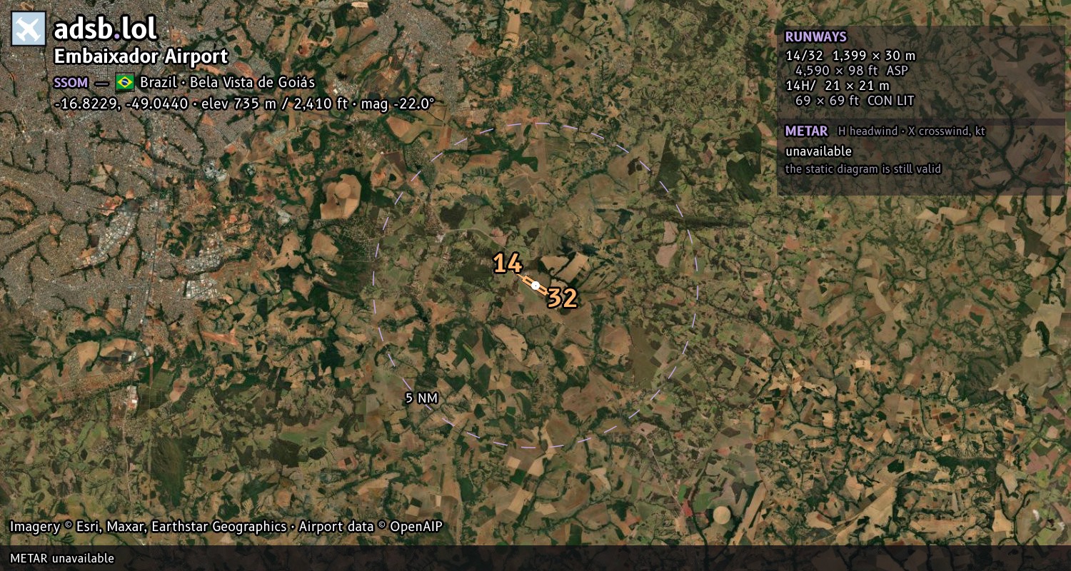 Satellite map with the runway layout of Embaixador Airport (SSOM)