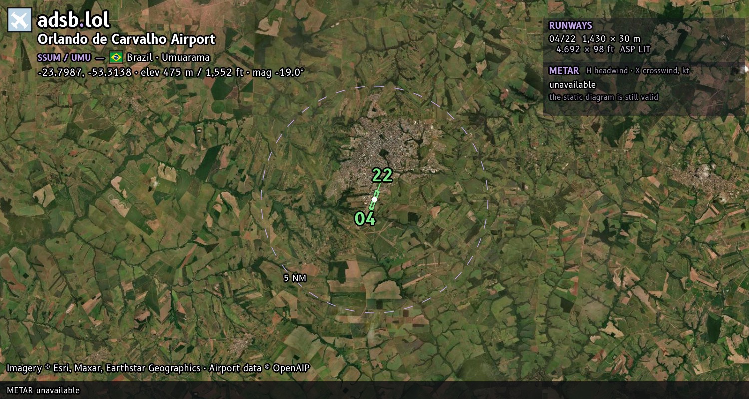 Satellite map with the runway layout of Orlando de Carvalho Airport (SSUM)