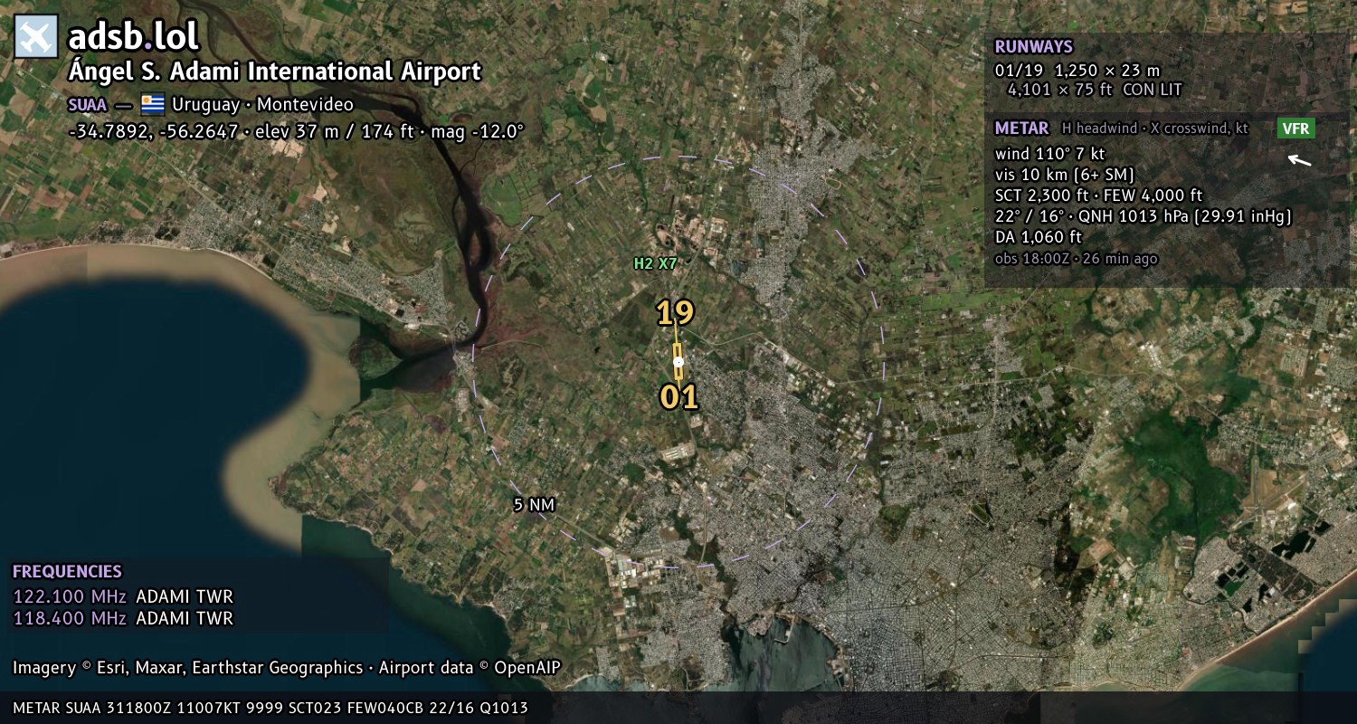 Satellite map with the runway layout of Ángel S. Adami International Airport (SUAA)