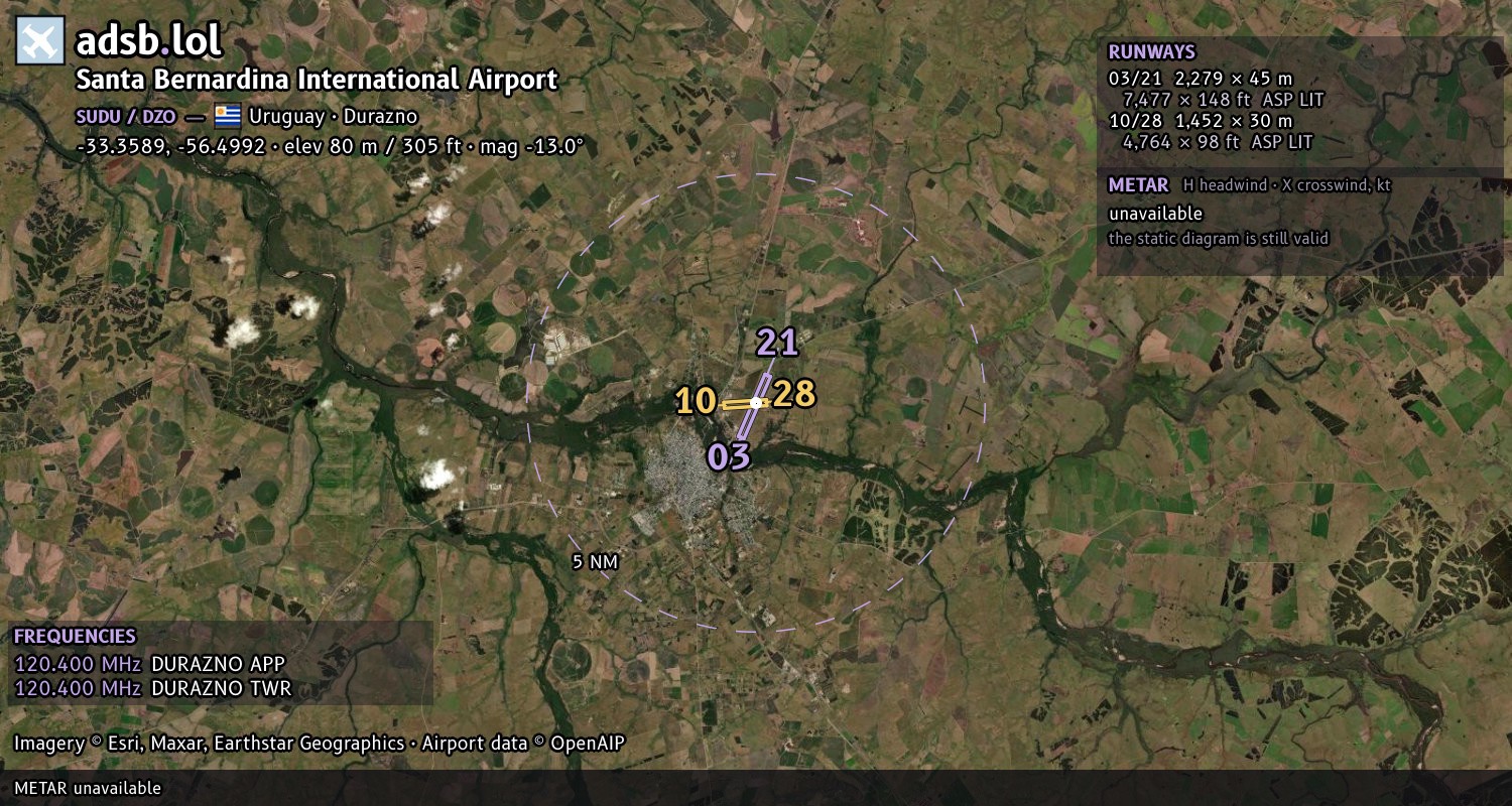 Satellite map with the runway layout of Santa Bernardina International Airport (SUDU)