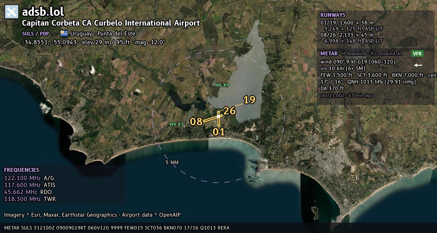 Satellite map with the runway layout of Capitan Corbeta CA Curbelo International Airport (SULS)