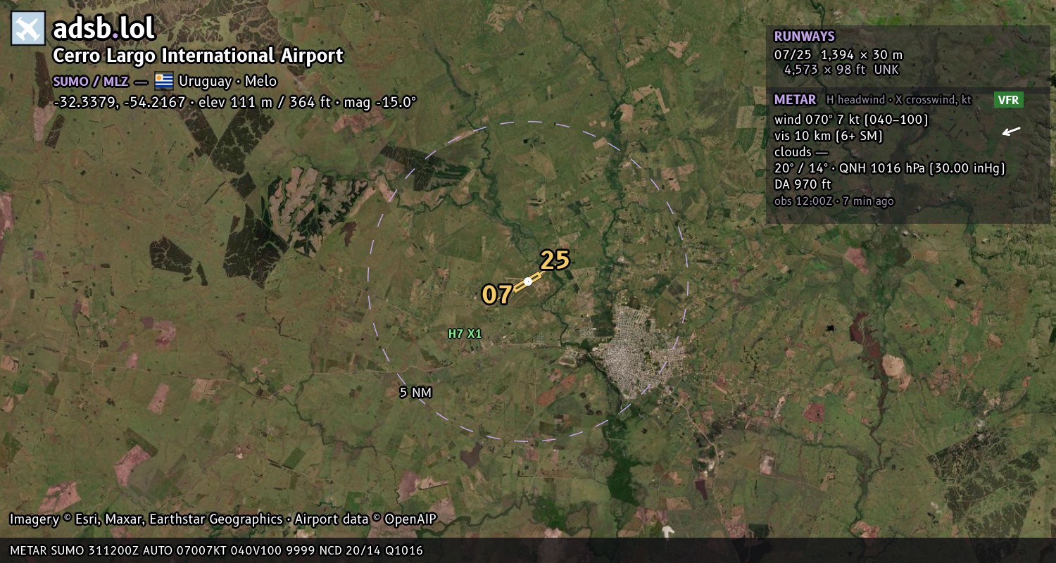 Satellite map with the runway layout of Cerro Largo International Airport (SUMO)