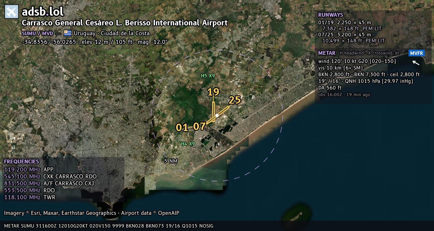 Satellite map with the runway layout of Carrasco General Cesáreo L. Berisso International Airport (SUMU)