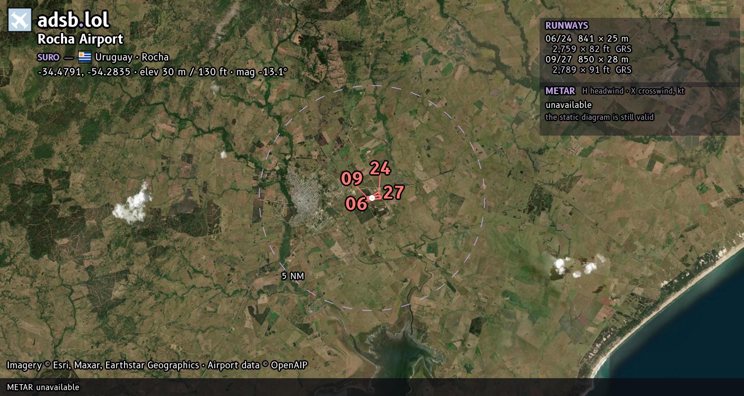 Satellite map with the runway layout of Rocha Airport (SURO)