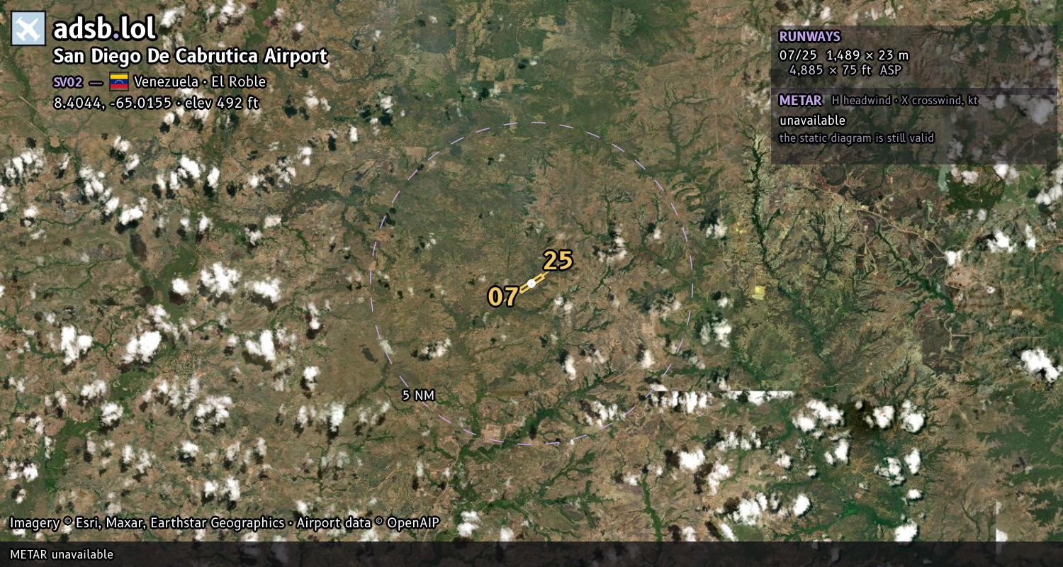 Satellite map with the runway layout of San Diego De Cabrutica Airport (SV02)