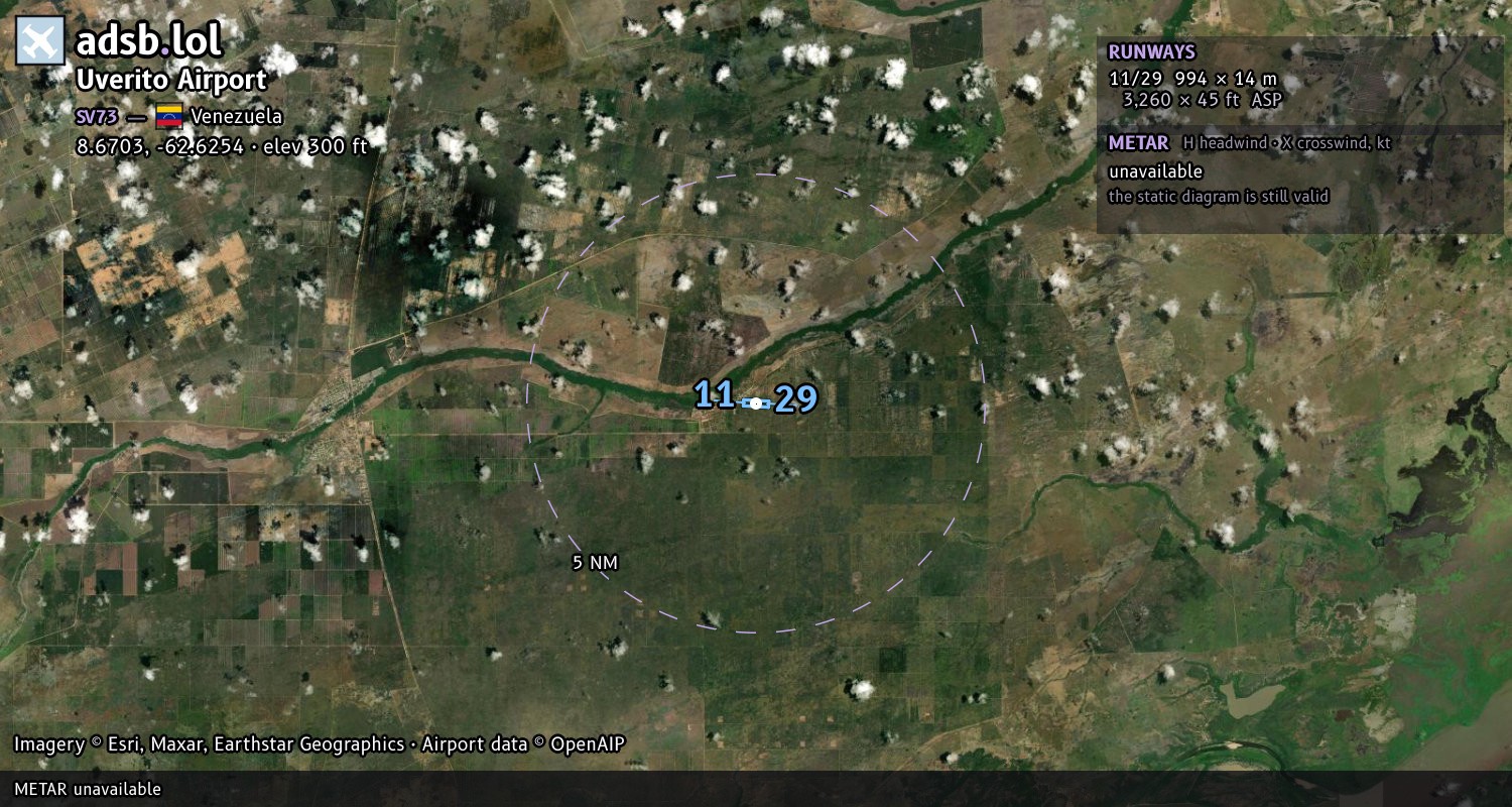 Satellite map with the runway layout of Uverito Airport (SV73)