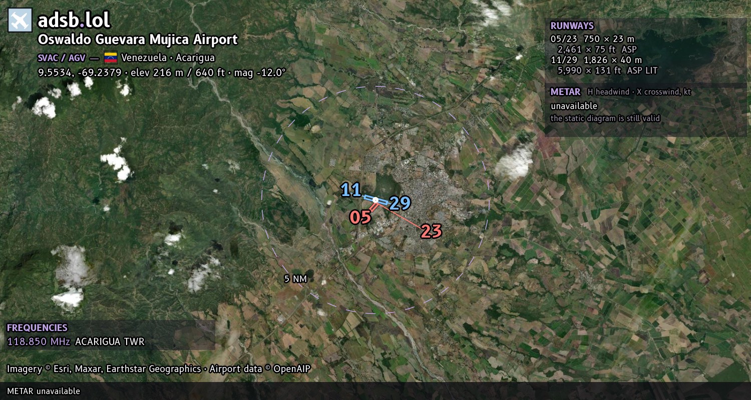 Satellite map with the runway layout of Oswaldo Guevara Mujica Airport (SVAC)