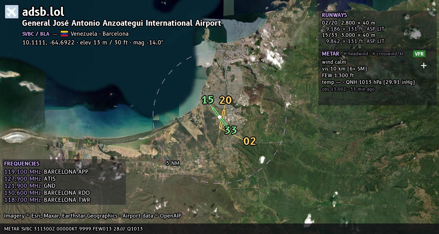 Satellite map with the runway layout of General José Antonio Anzoategui International Airport (SVBC)