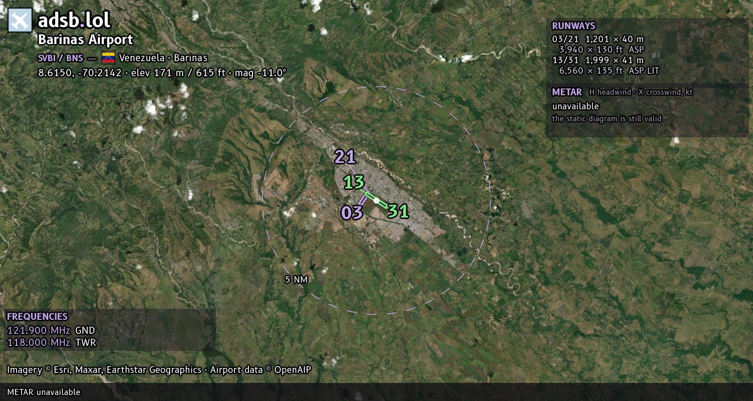 Satellite map with the runway layout of Barinas Airport (SVBI)