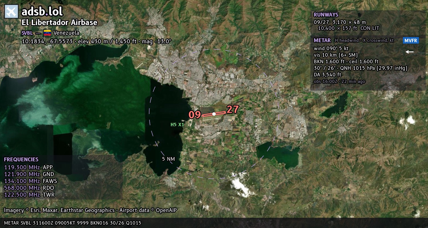 Satellite map with the runway layout of El Libertador Airbase (SVBL)