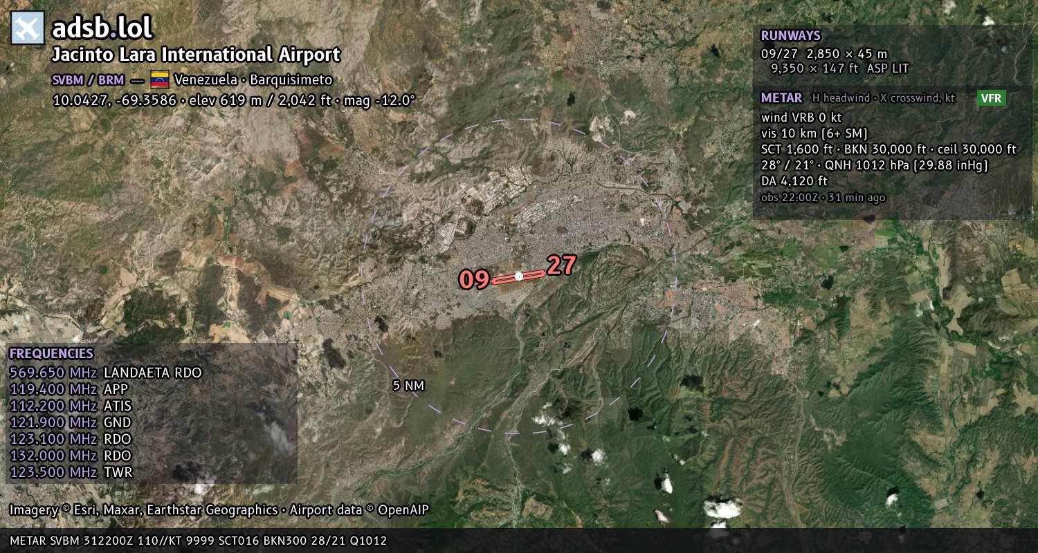 Satellite map with the runway layout of Jacinto Lara International Airport (SVBM)