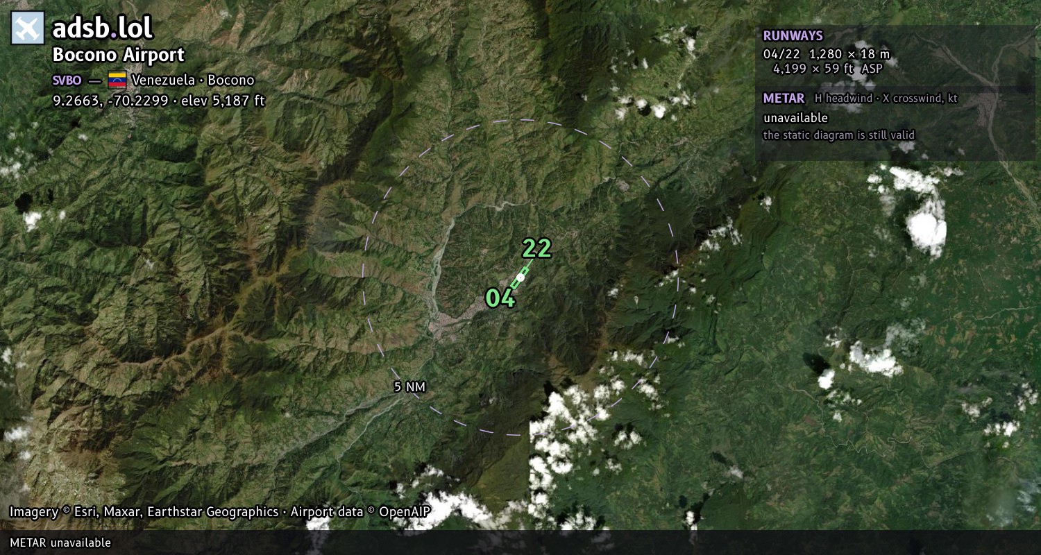 Satellite map with the runway layout of Bocono Airport (SVBO)