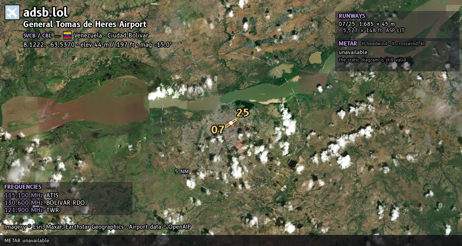 Satellite map with the runway layout of General Tomas de Heres Airport (SVCB)
