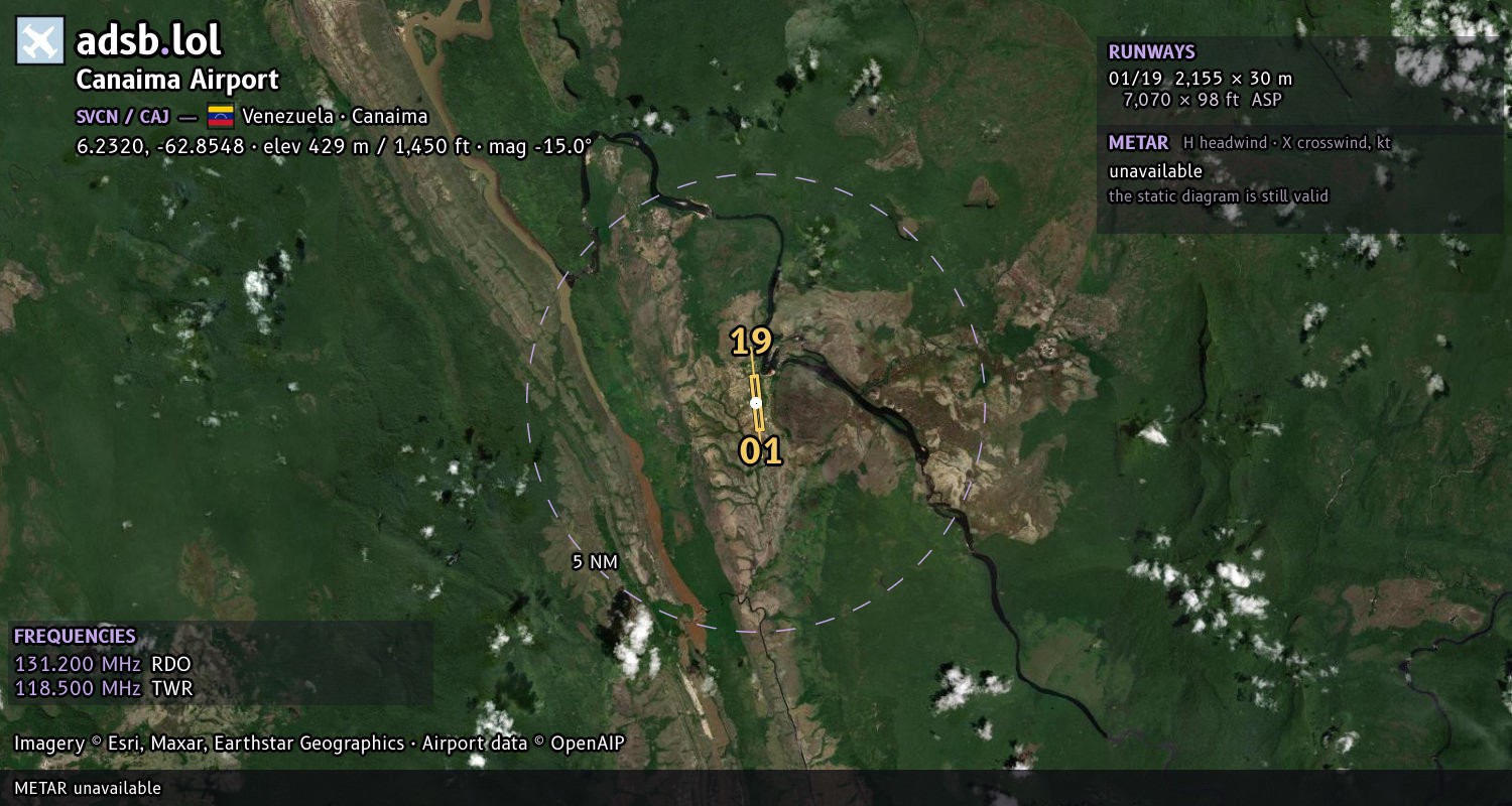 Satellite map with the runway layout of Canaima Airport (SVCN)