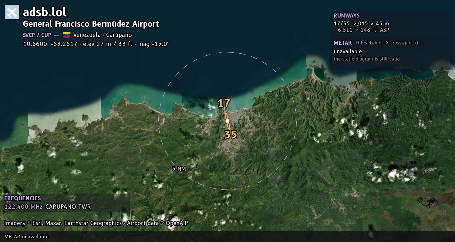 Satellite map with the runway layout of General Francisco Bermúdez Airport (SVCP)