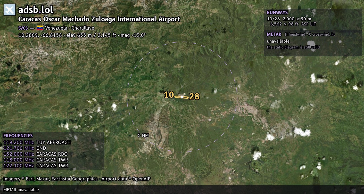 Satellite map with the runway layout of Caracas Óscar Machado Zuloaga International Airport (SVCS)