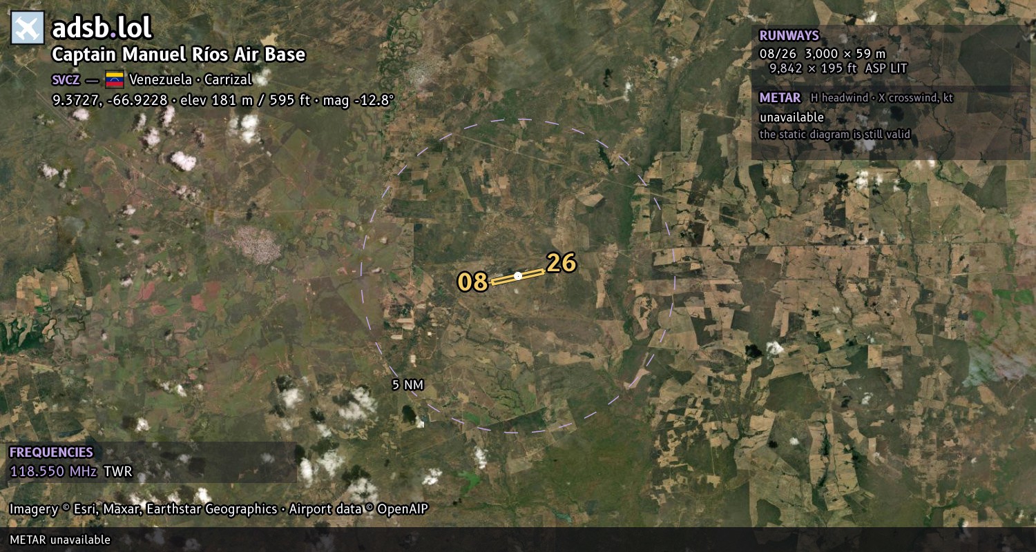 Satellite map with the runway layout of Captain Manuel Ríos Air Base (SVCZ)