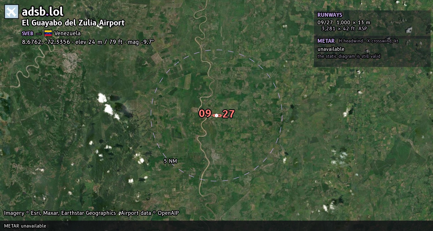 Satellite map with the runway layout of El Guayabo del Zulia Airport (SVEB)