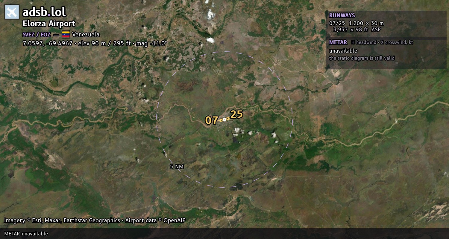 Satellite map with the runway layout of Elorza Airport (SVEZ)