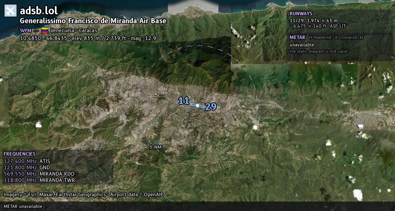 Satellite map with the runway layout of Generalissimo Francisco de Miranda Air Base (SVFM)
