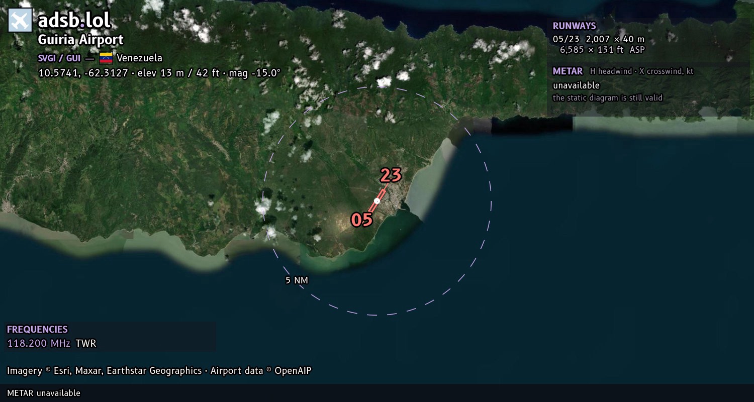 Satellite map with the runway layout of Guiria Airport (SVGI)