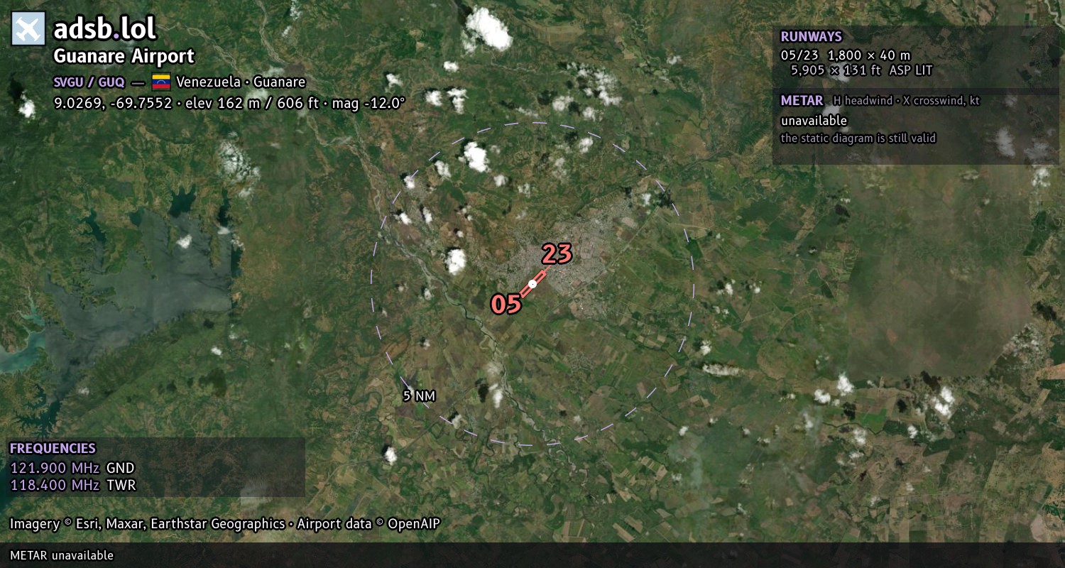 Satellite map with the runway layout of Guanare Airport (SVGU)