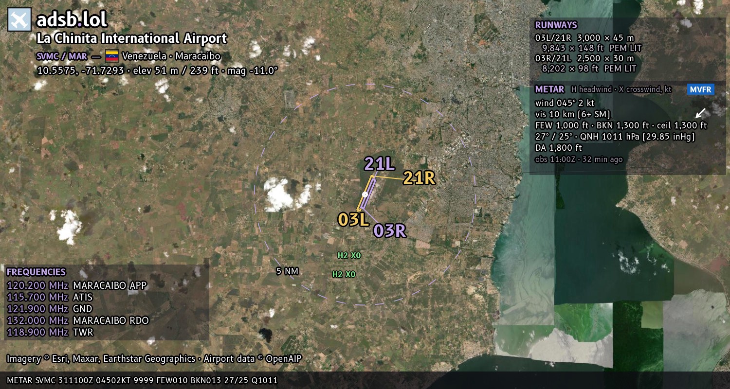 Satellite map with the runway layout of La Chinita International Airport (SVMC)