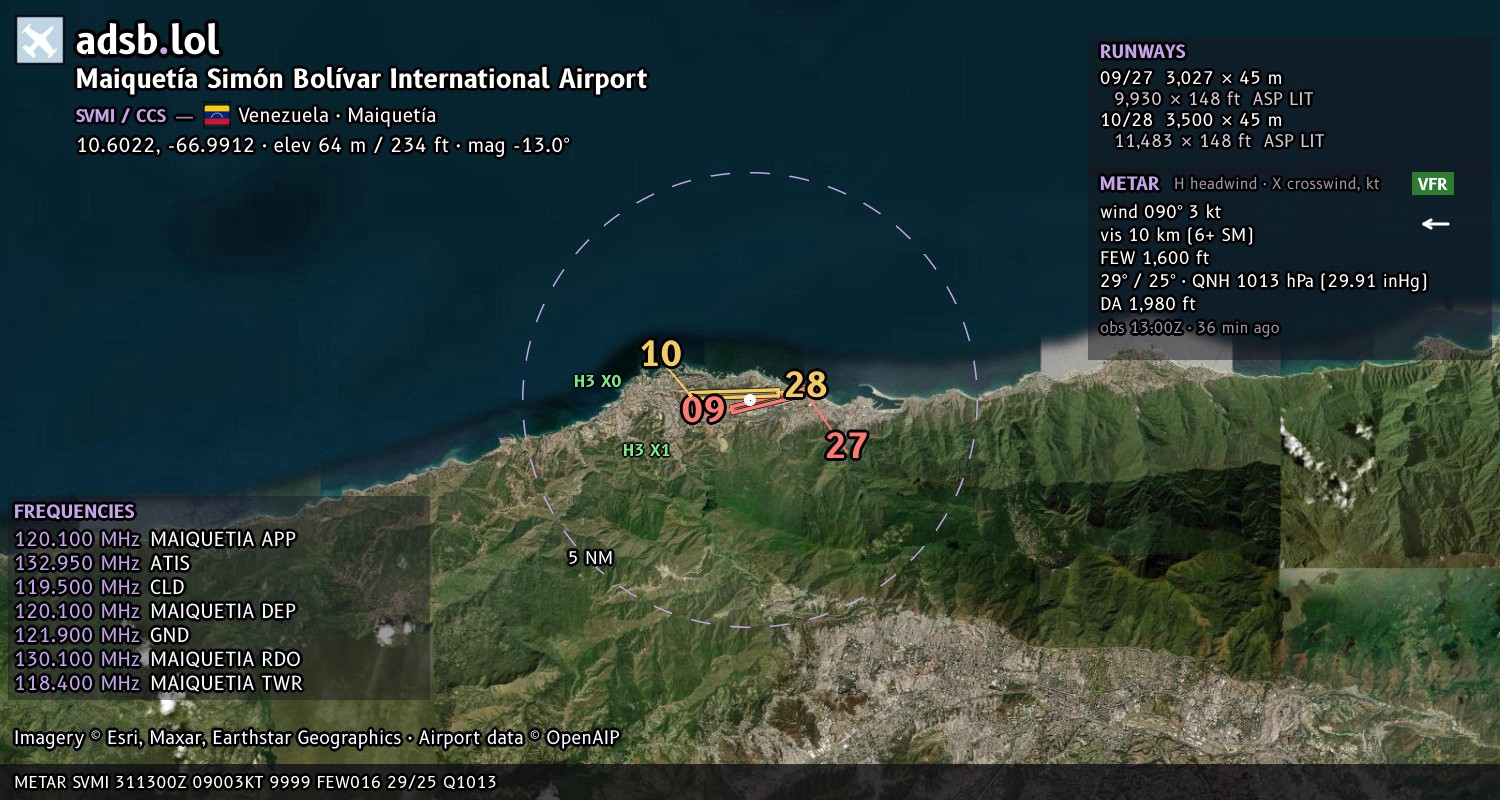 Satellite map with the runway layout of Maiquetía Simón Bolívar International Airport (SVMI)