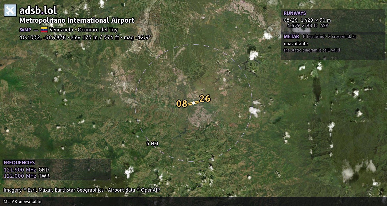 Satellite map with the runway layout of Metropolitano International Airport (SVMP)