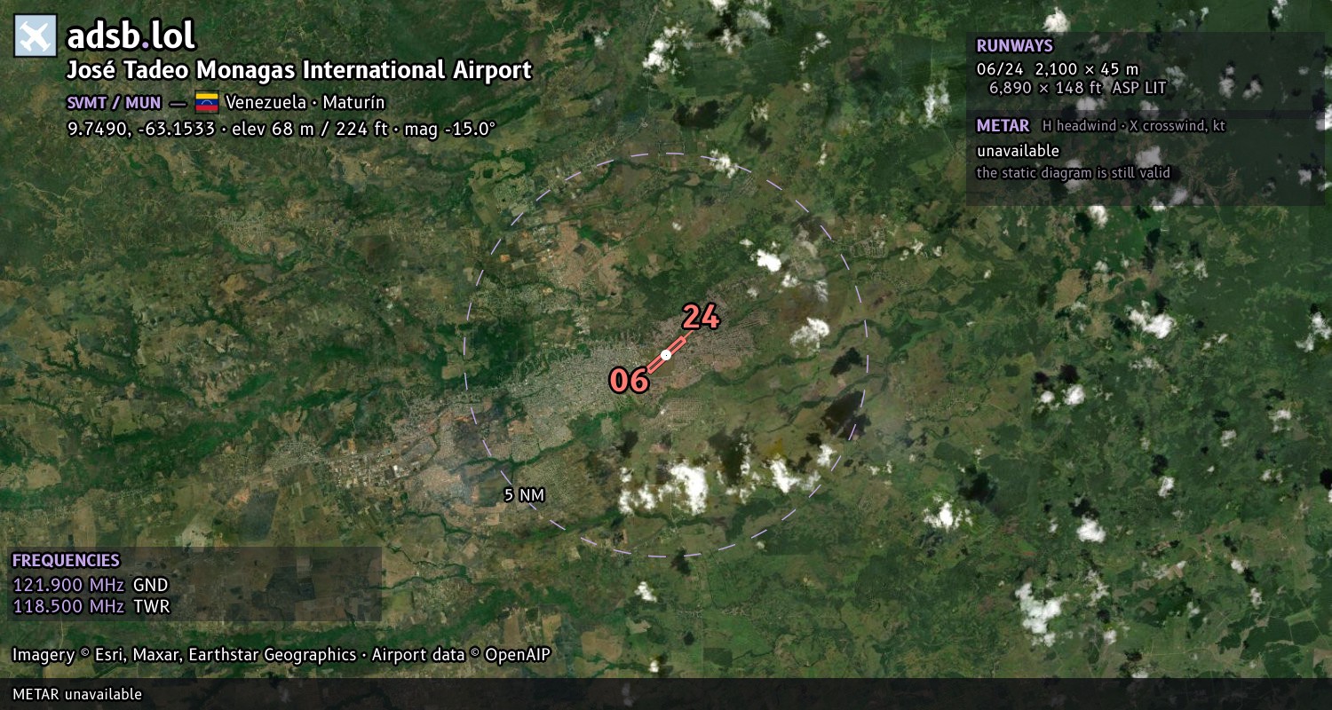 Satellite map with the runway layout of José Tadeo Monagas International Airport (SVMT)