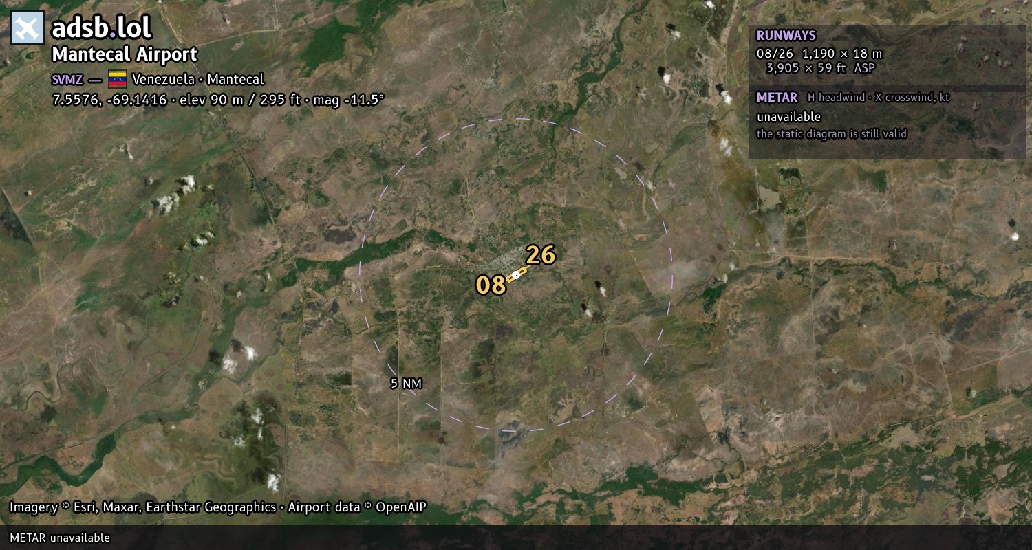 Satellite map with the runway layout of Mantecal Airport (SVMZ)