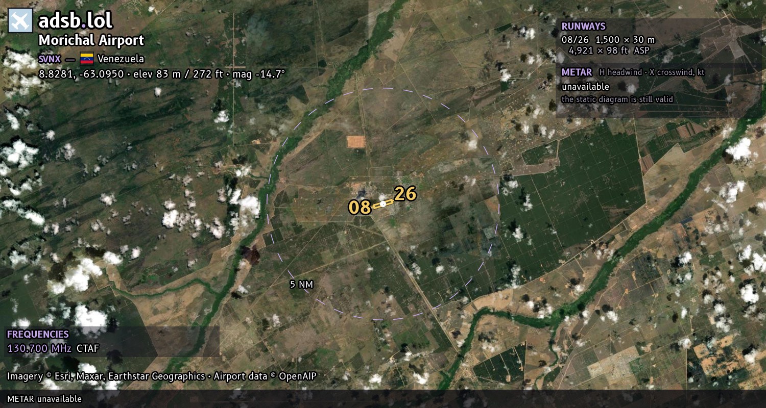 Satellite map with the runway layout of Morichal Airport (SVNX)
