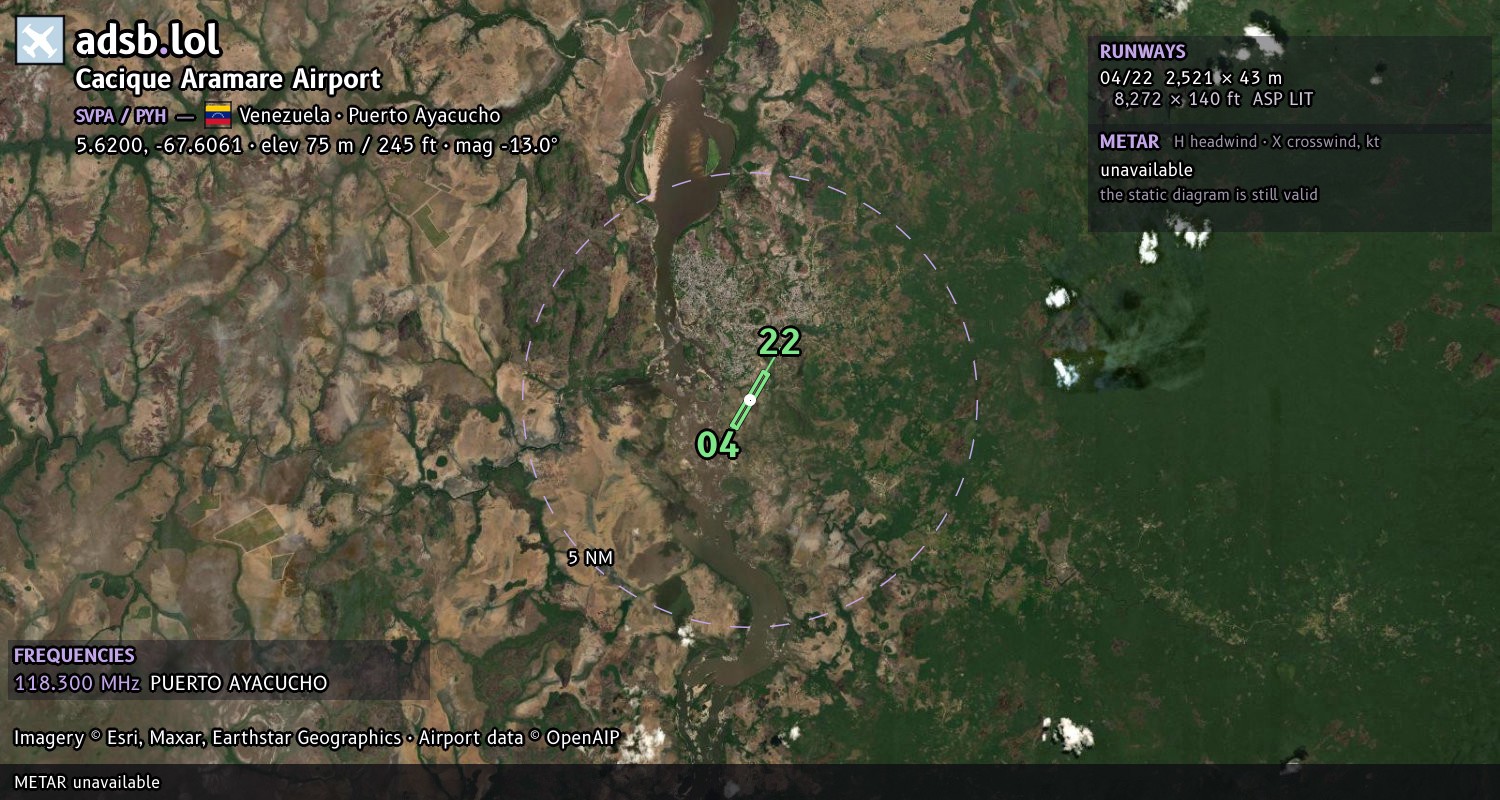 Satellite map with the runway layout of Cacique Aramare Airport (SVPA)