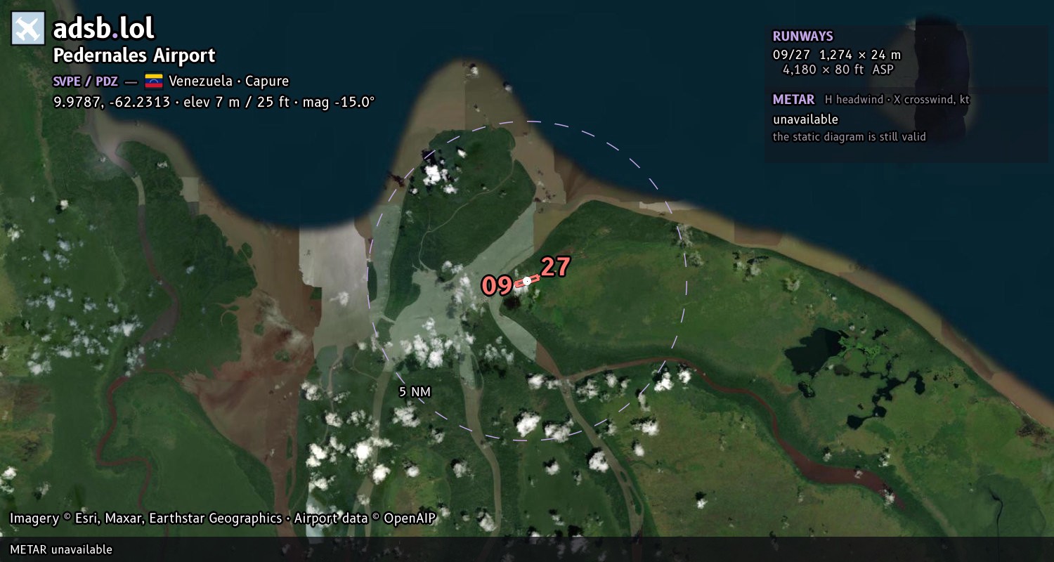 Satellite map with the runway layout of Pedernales Airport (SVPE)