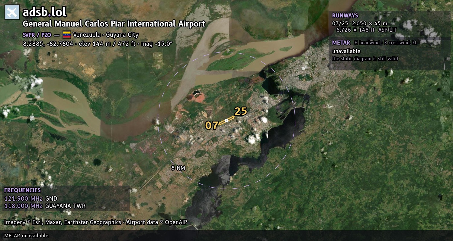 Satellite map with the runway layout of General Manuel Carlos Piar International Airport (SVPR)