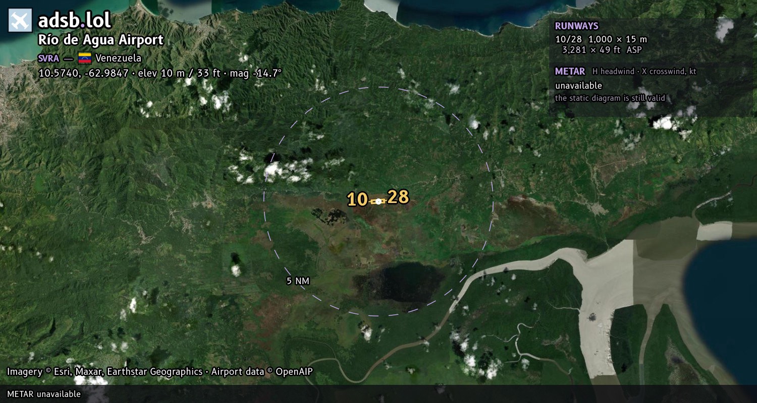 Satellite map with the runway layout of Río de Agua Airport (SVRA)