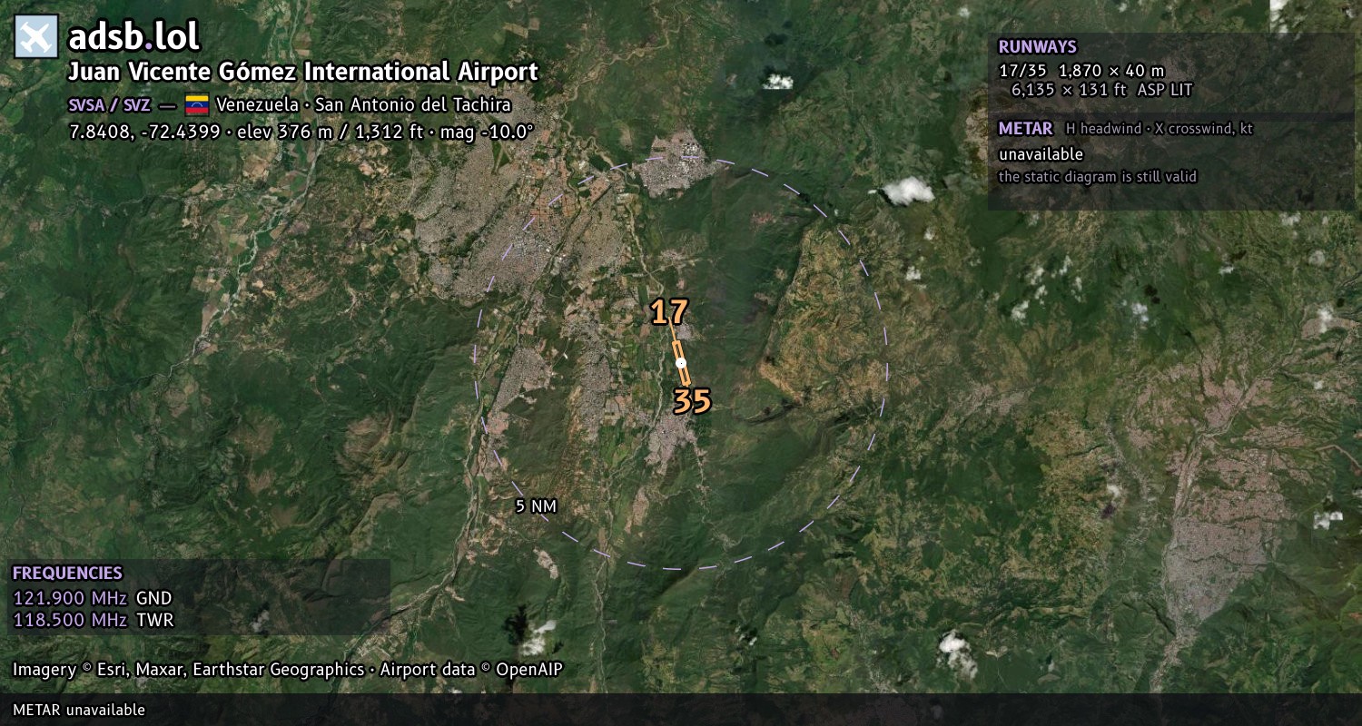Satellite map with the runway layout of Juan Vicente Gómez International Airport (SVSA)