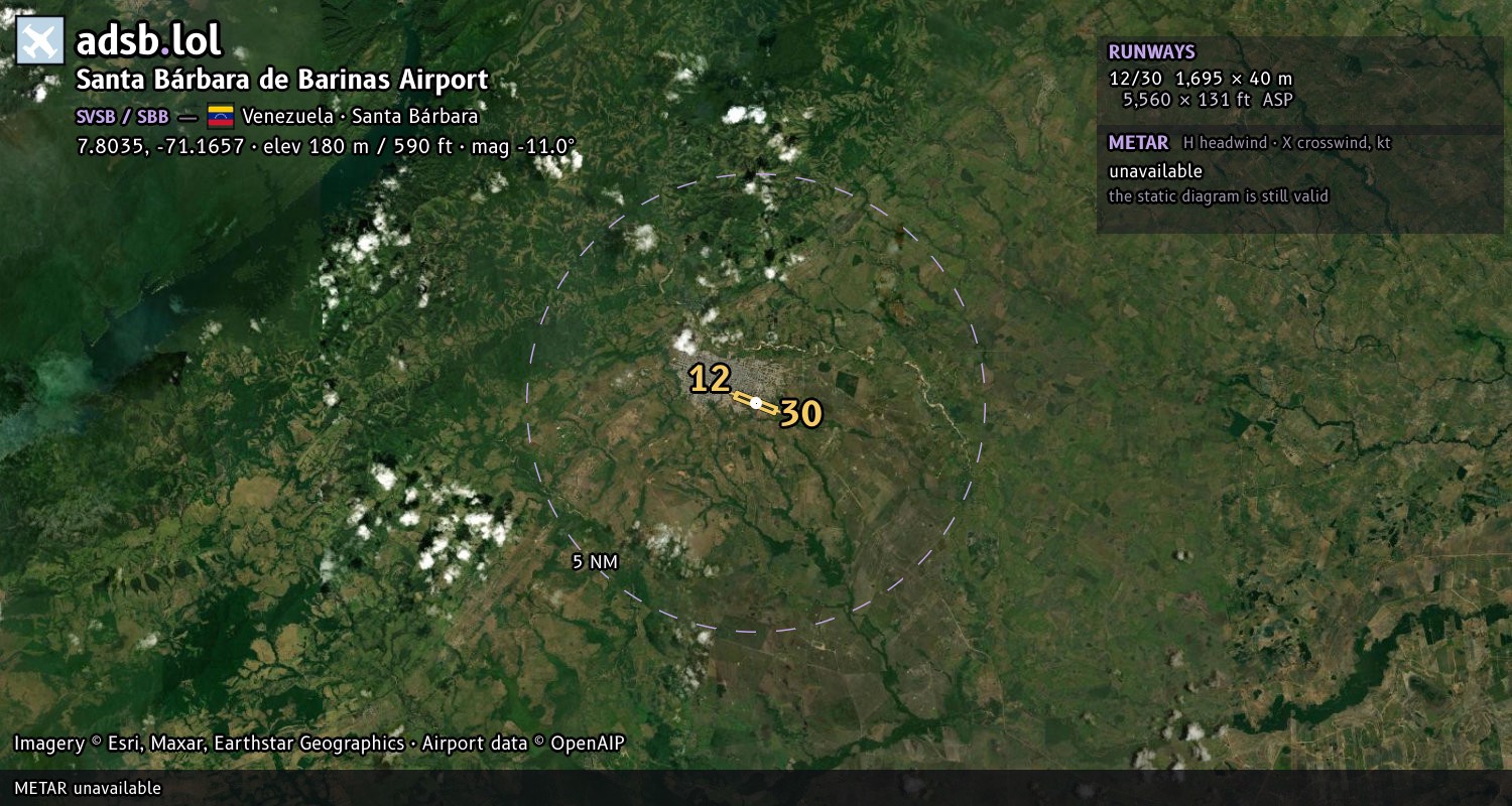 Satellite map with the runway layout of Santa Bárbara de Barinas Airport (SVSB)