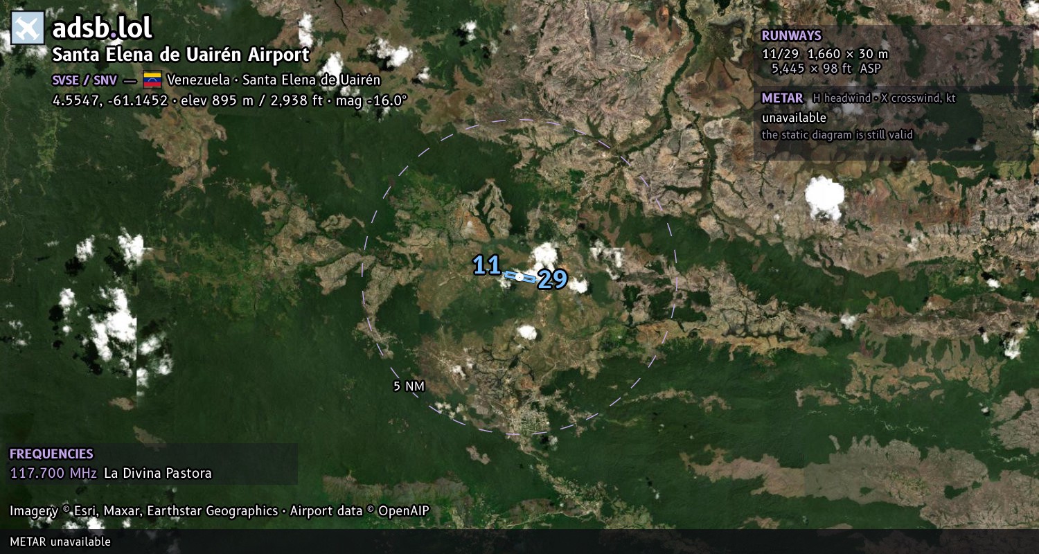 Satellite map with the runway layout of Santa Elena de Uairén Airport (SVSE)