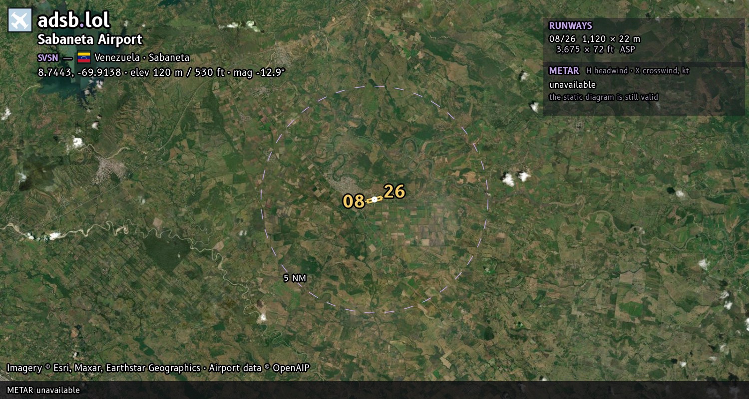 Satellite map with the runway layout of Sabaneta Airport (SVSN)